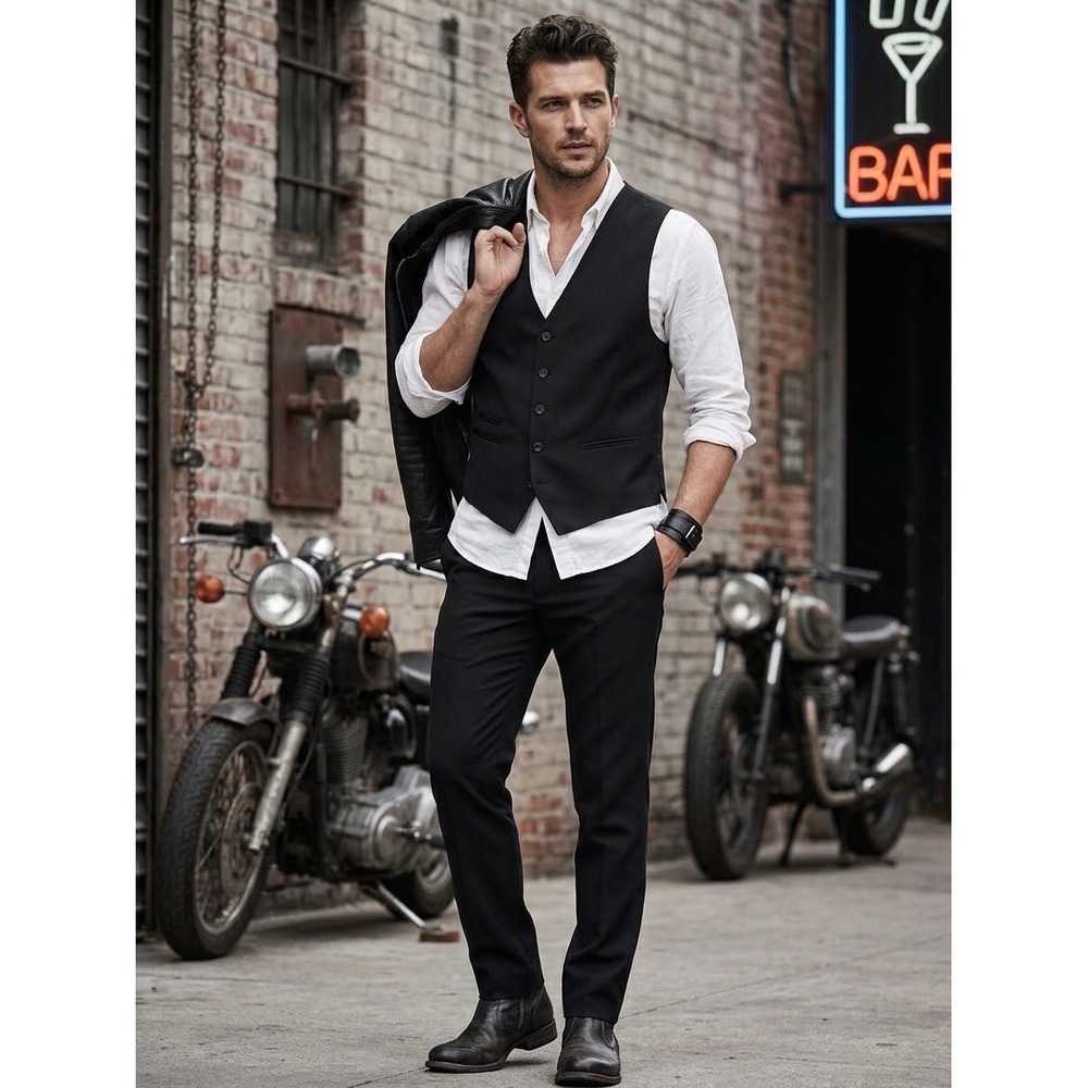 John Varvatos USA Serge Mens Black 100% Wool Button Front Vest Size M 6Z900V